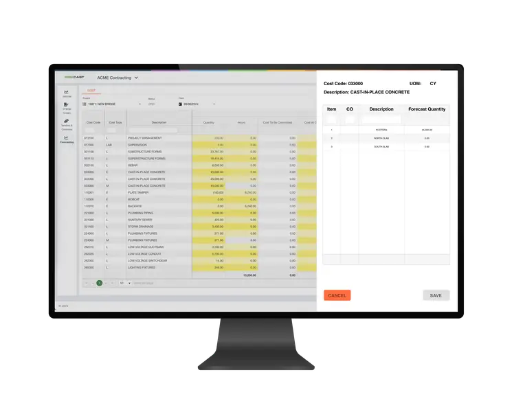 Jobcost Forecasting Interface showing detailed cost breakdown and forecasting grid